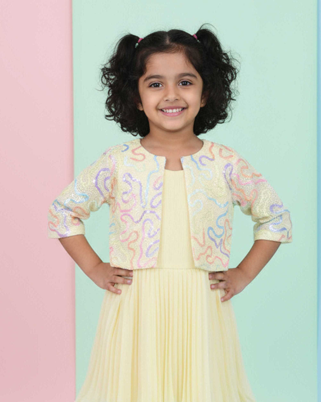 Elegant Kids' Pleated Frock with Floral Sequin Jacket - Yellow
