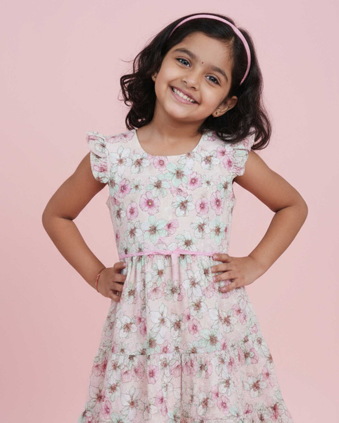 Stylish Floral Print Girls' Ruffled Sleeve Tiered Frock Dress - White