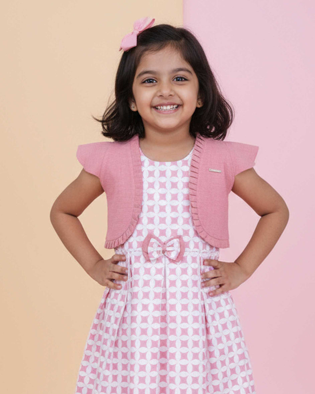 Elegant Kids' Party Wear Frock with Shrug and Bow Detail - Pink