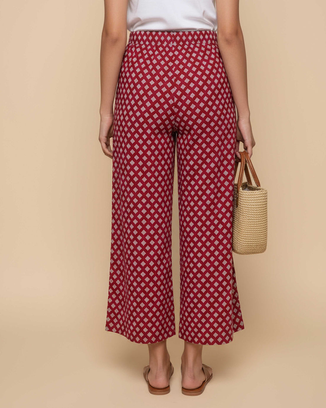 Women's Printed Wide-Leg Palazzo Pant with Elasticated Waistband - Maroon-MAIN