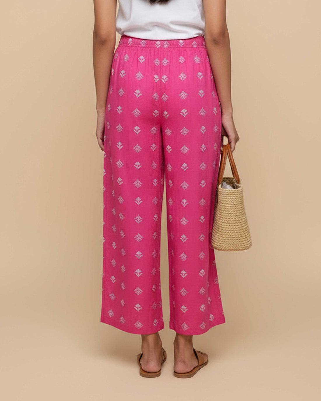 Women's Printed Wide-Leg Palazzo Pant with Elasticated Waistband - Pink