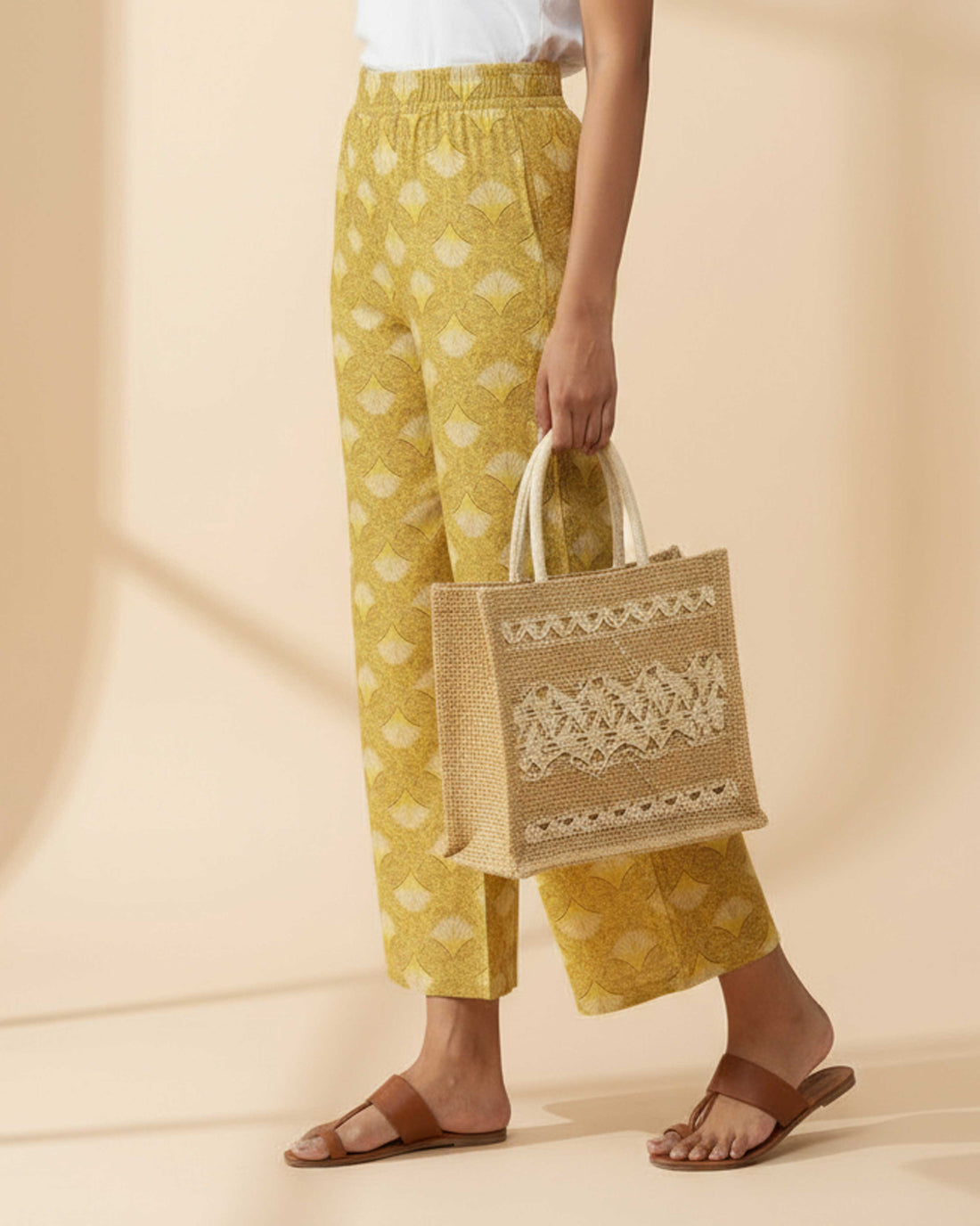 Women's Printed Wide-Leg Palazzo Pant with Elasticated Waistband - Sandal