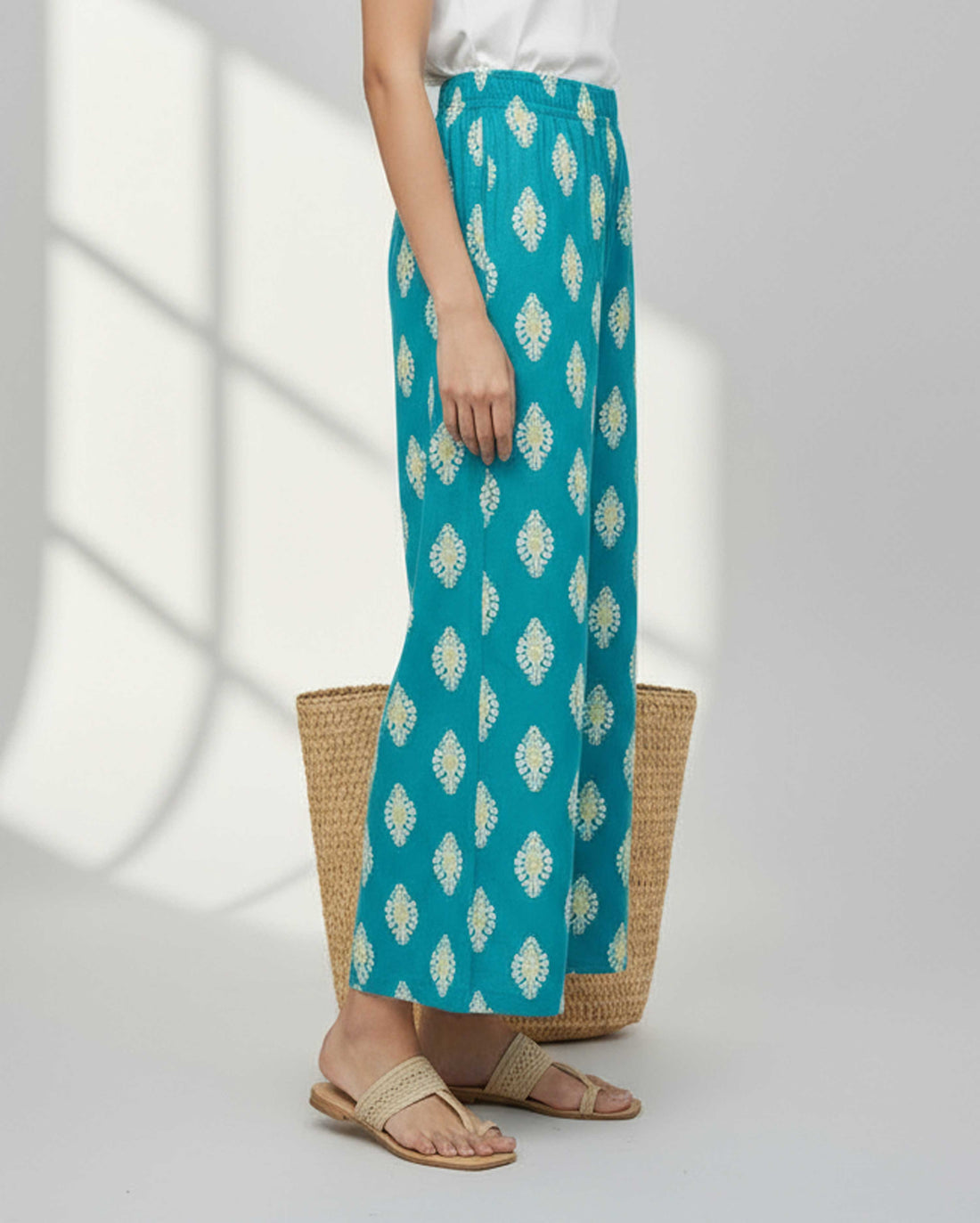Women's Printed Wide-Leg Palazzo Pant with Elasticated Waistband -Blue