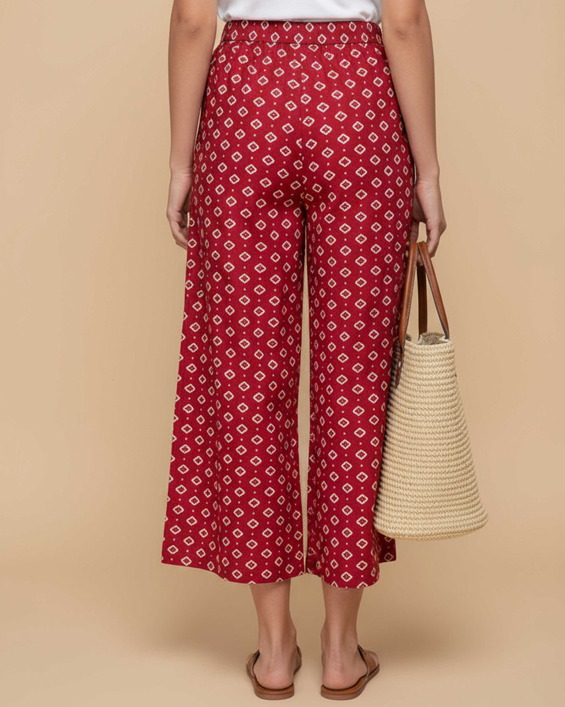 Women's Printed Wide-Leg Palazzo Pant with Elasticated Waistband -Red