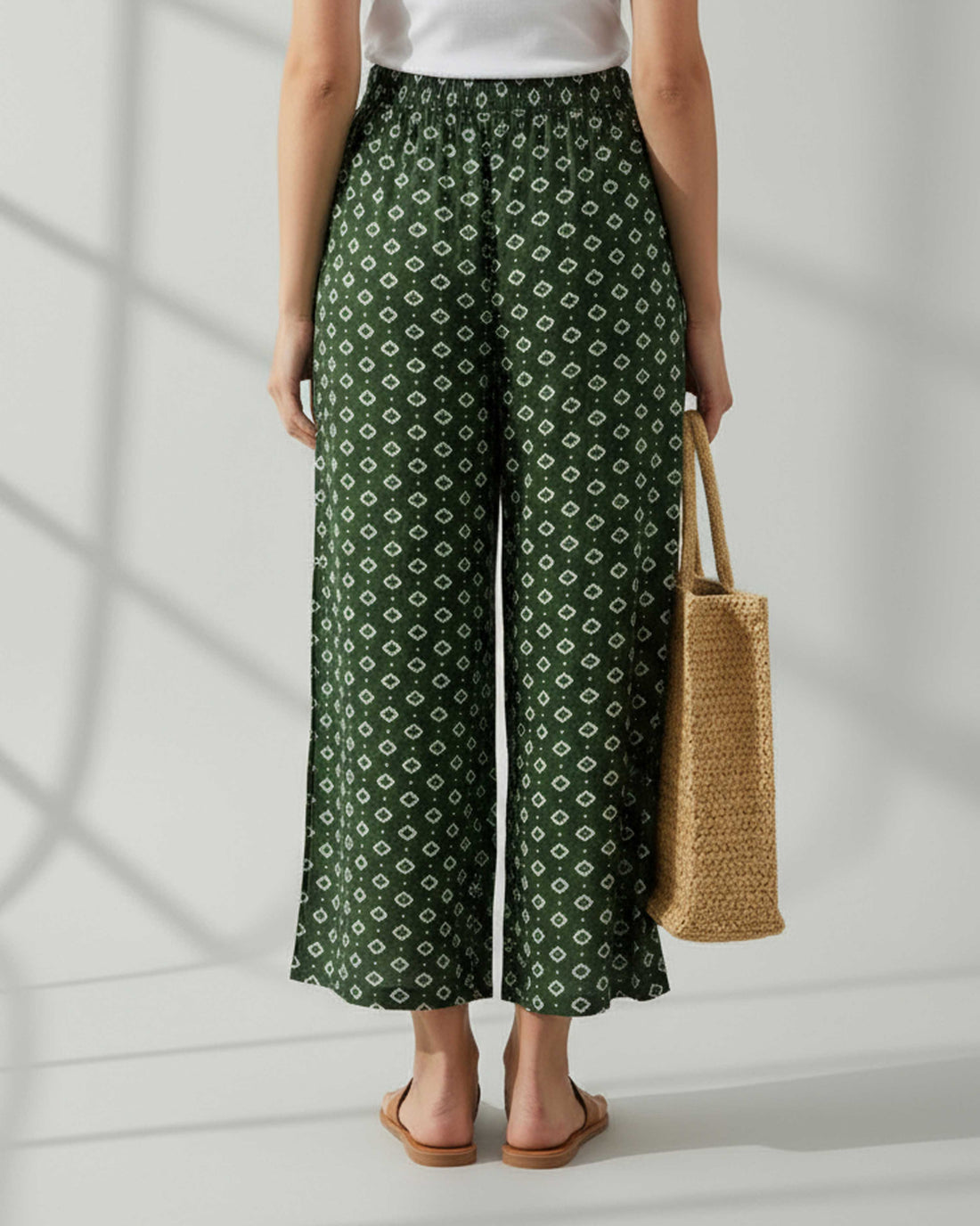 Women's Printed Wide-Leg Palazzo Pant with Elasticated Waistband - Dark Green-Printed