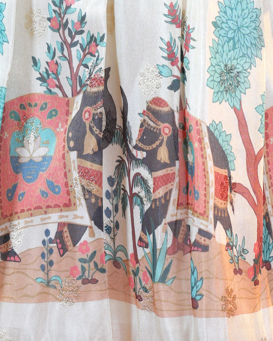 Girls' Traditional Dhavani Set with Kalamkari-Style Printed Skirt and Embellished Dupatta - Cream