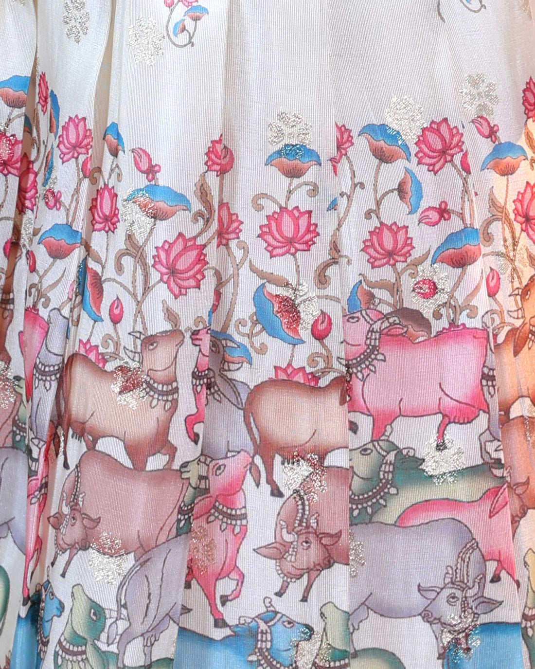 Girls' Traditional Dhavani Set with Intricate Embroidery and Printed Detailing - Cream