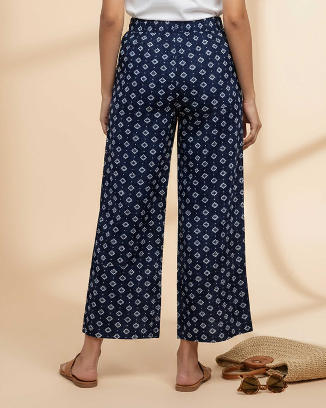 Women's Printed Wide-Leg Palazzo Pant with Elasticated Waistband -Navy Blue