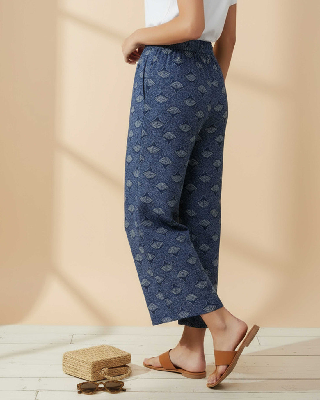 Women's Printed Wide-Leg Palazzo Pant with Elasticated Waistband -Navy Blue-FRONT