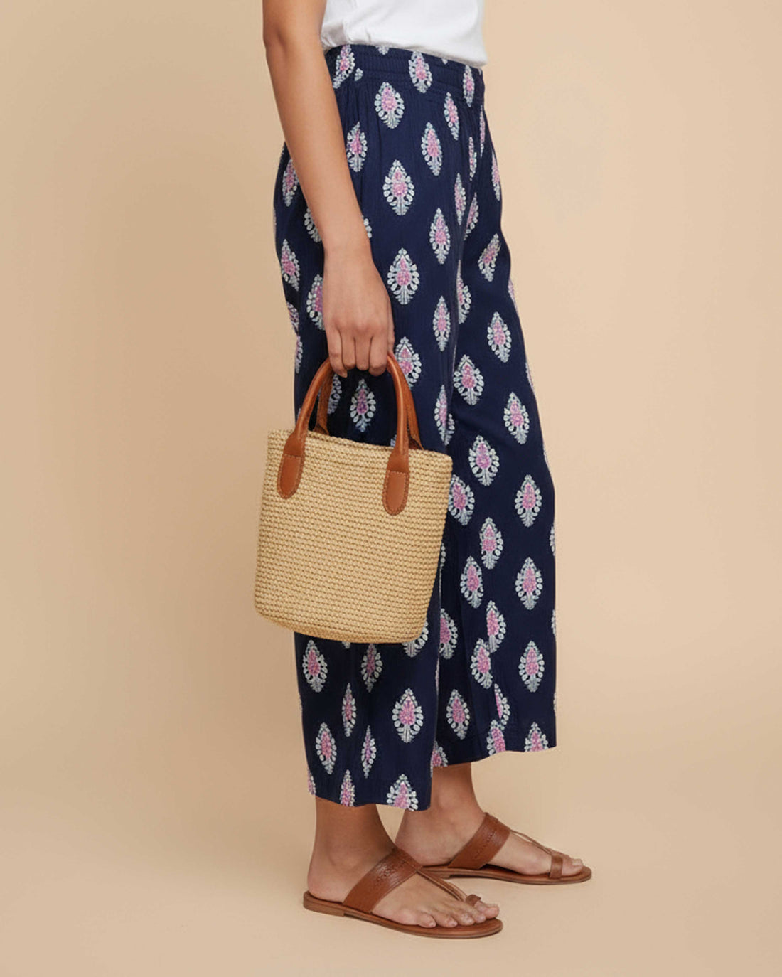 Women's Printed Wide-Leg Palazzo Pant with Elasticated Waistband -Dark Blue