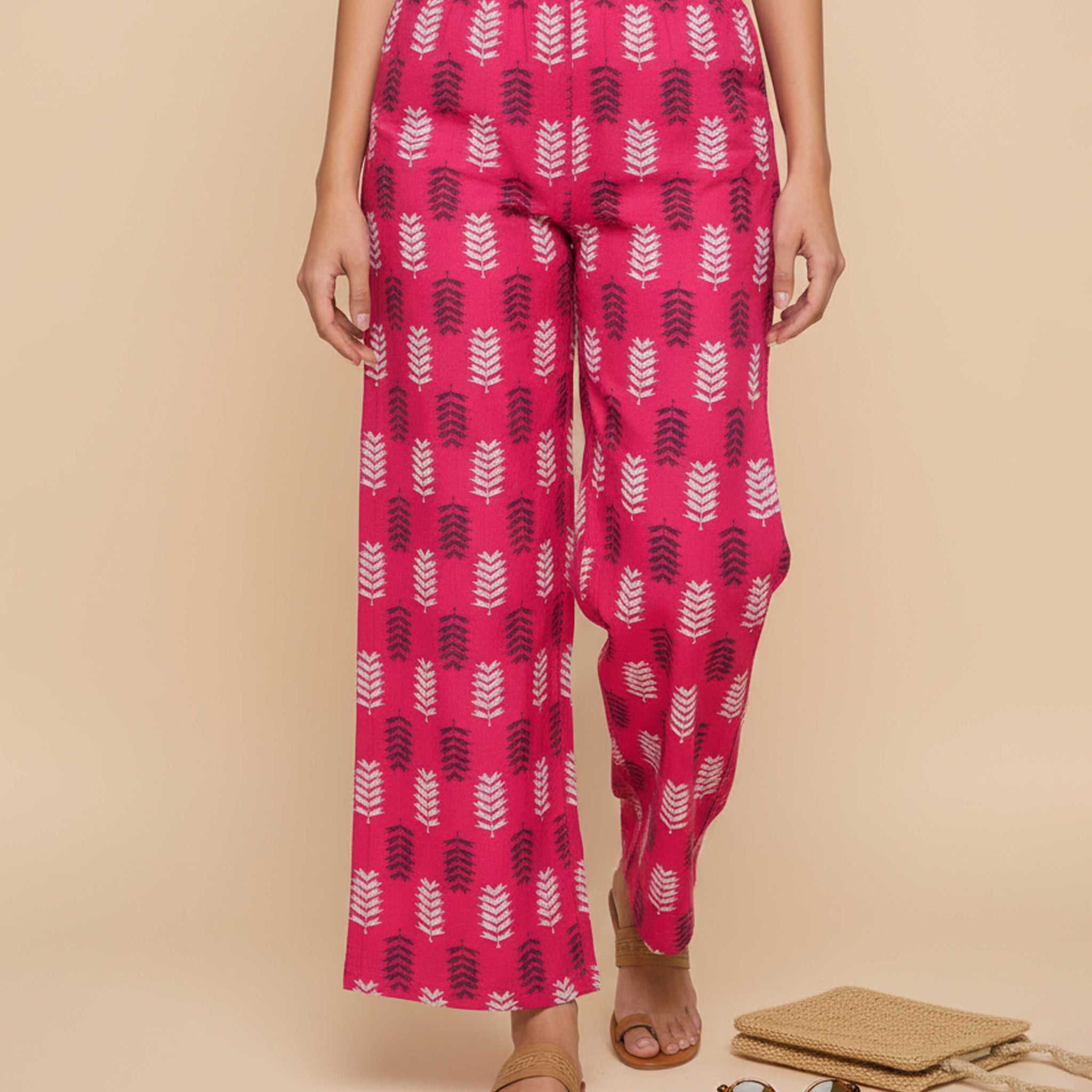 Women's Printed Wide-Leg Palazzo Pant with Elasticated Waistband -Pink