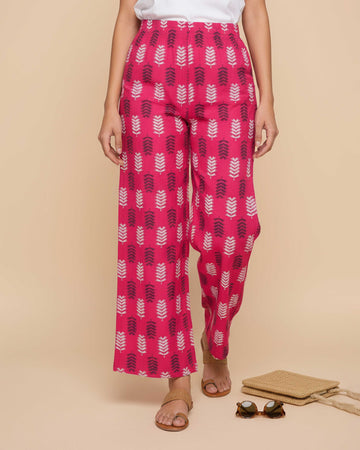 Women's Printed Wide-Leg Palazzo Pant with Elasticated Waistband -Pink