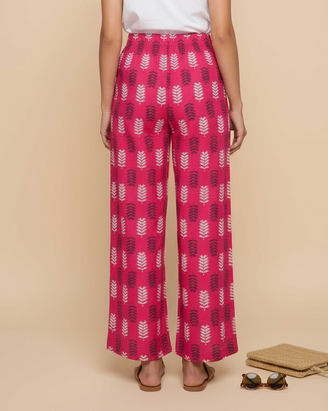Women's Printed Wide-Leg Palazzo Pant with Elasticated Waistband -Pink