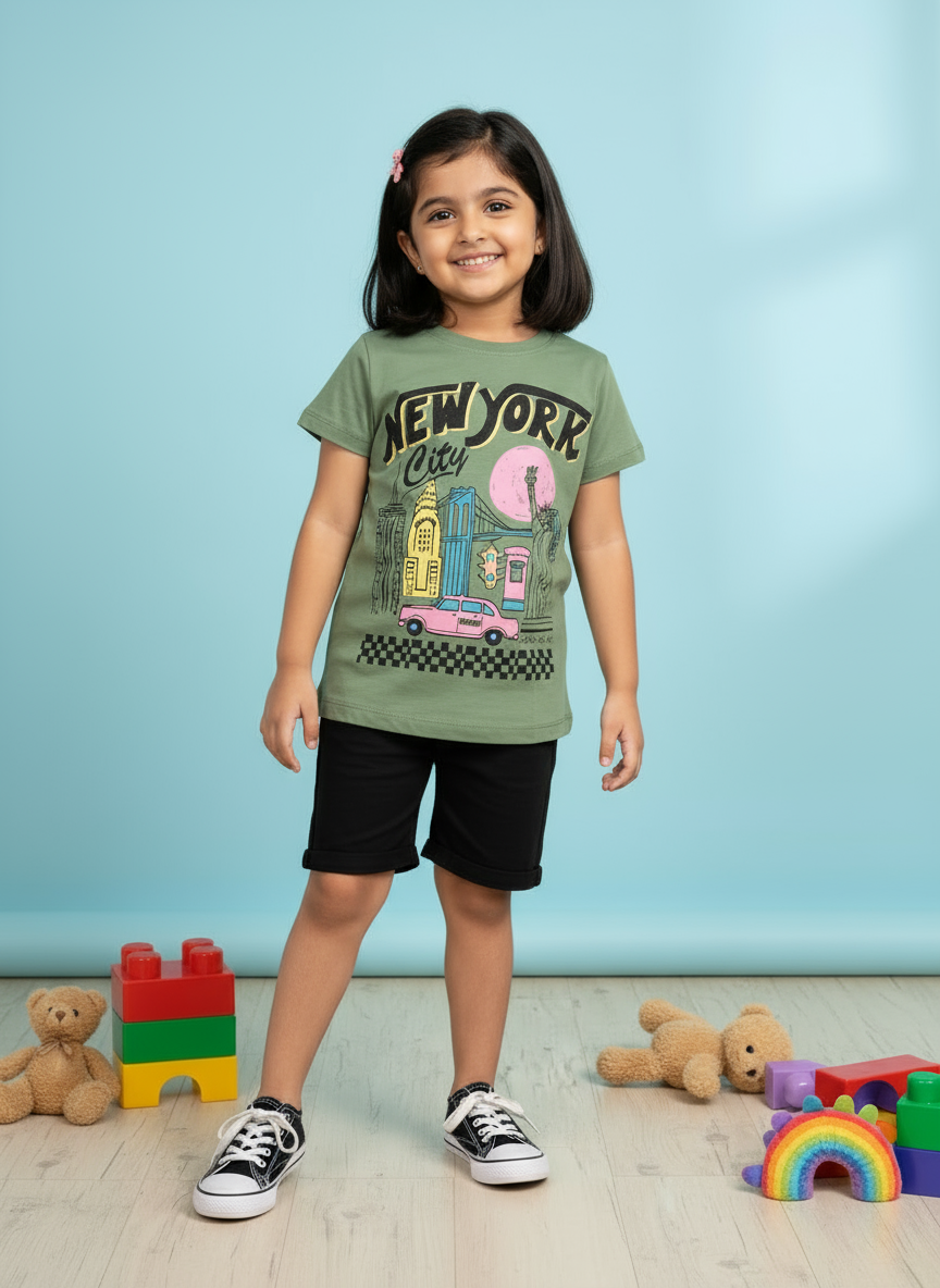 Girls' Graphic Print Crew Neck T-Shirt -Dark Green