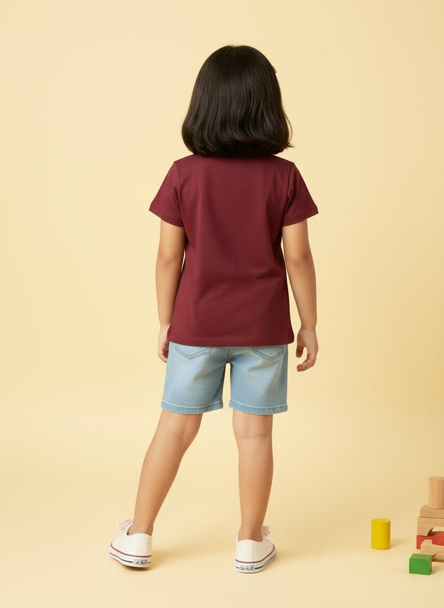 Girls' Graphic Print Round Neck T-Shirt -Maroon