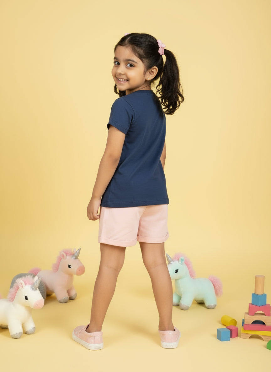 Girls' Graphic Print Round Neck T-Shirt -Blue