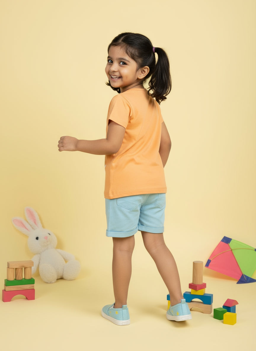 Girls' Graphic Print Round Neck T-Shirt -Orange