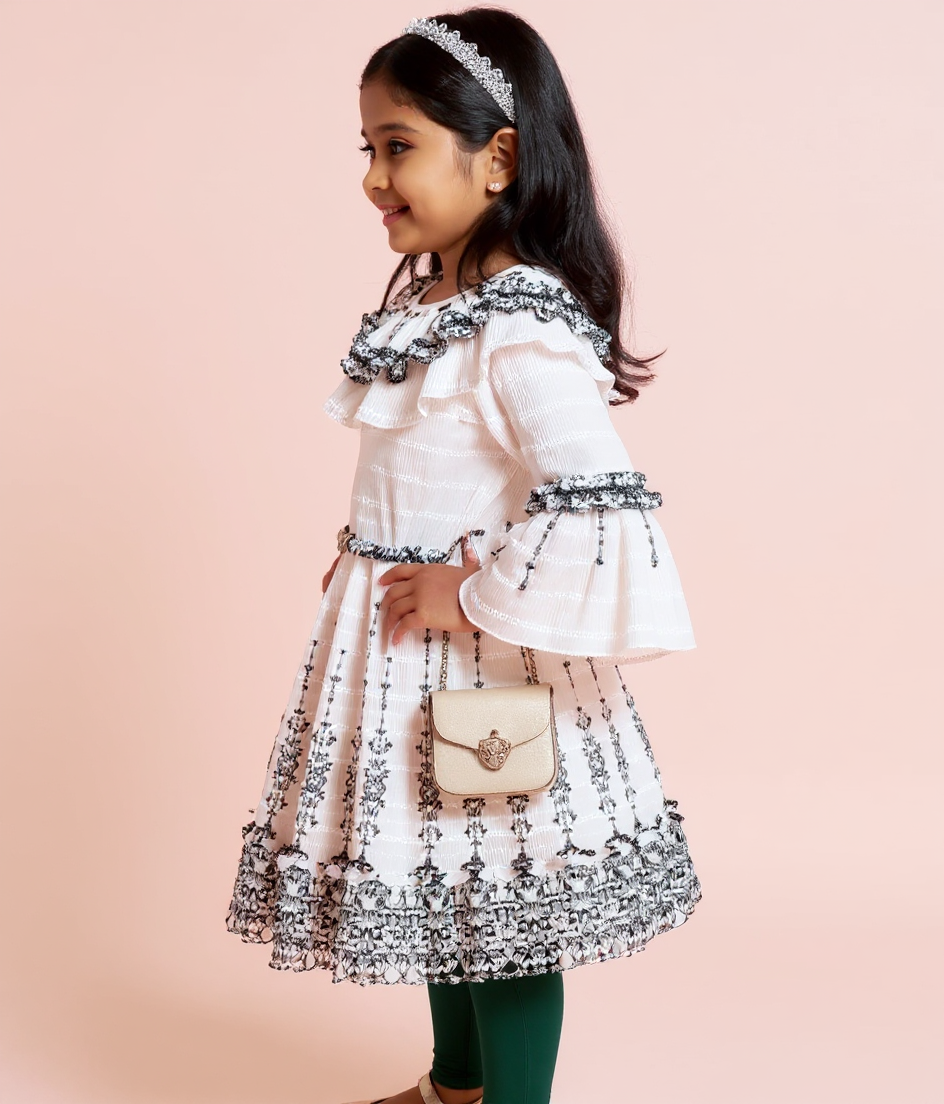 Girls' Tiered Ruffle Western Wear Dress with Embroidered Yoke & Bell Sleeves - Cream