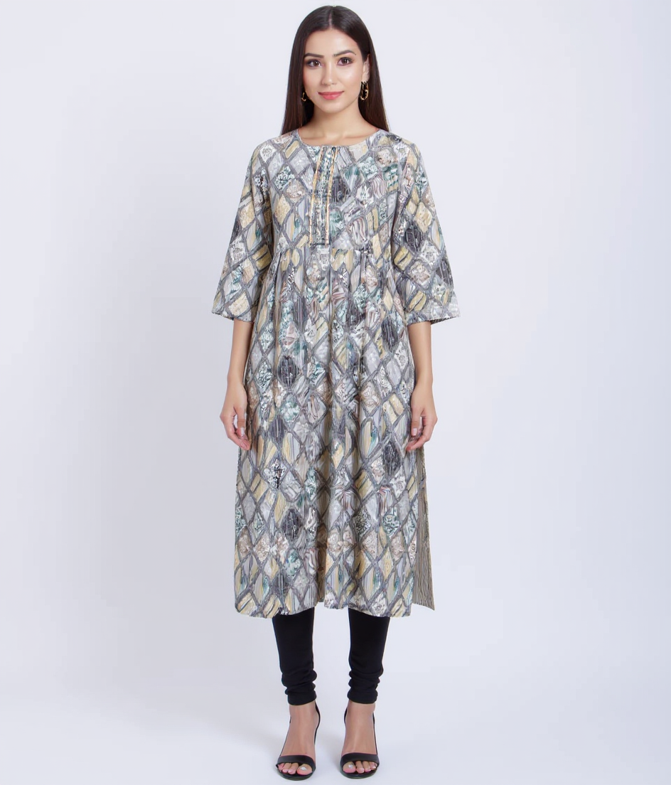 Women's Printed A-Line Kurta with 3/4 th  Sleeves and Round Neckline - Grey