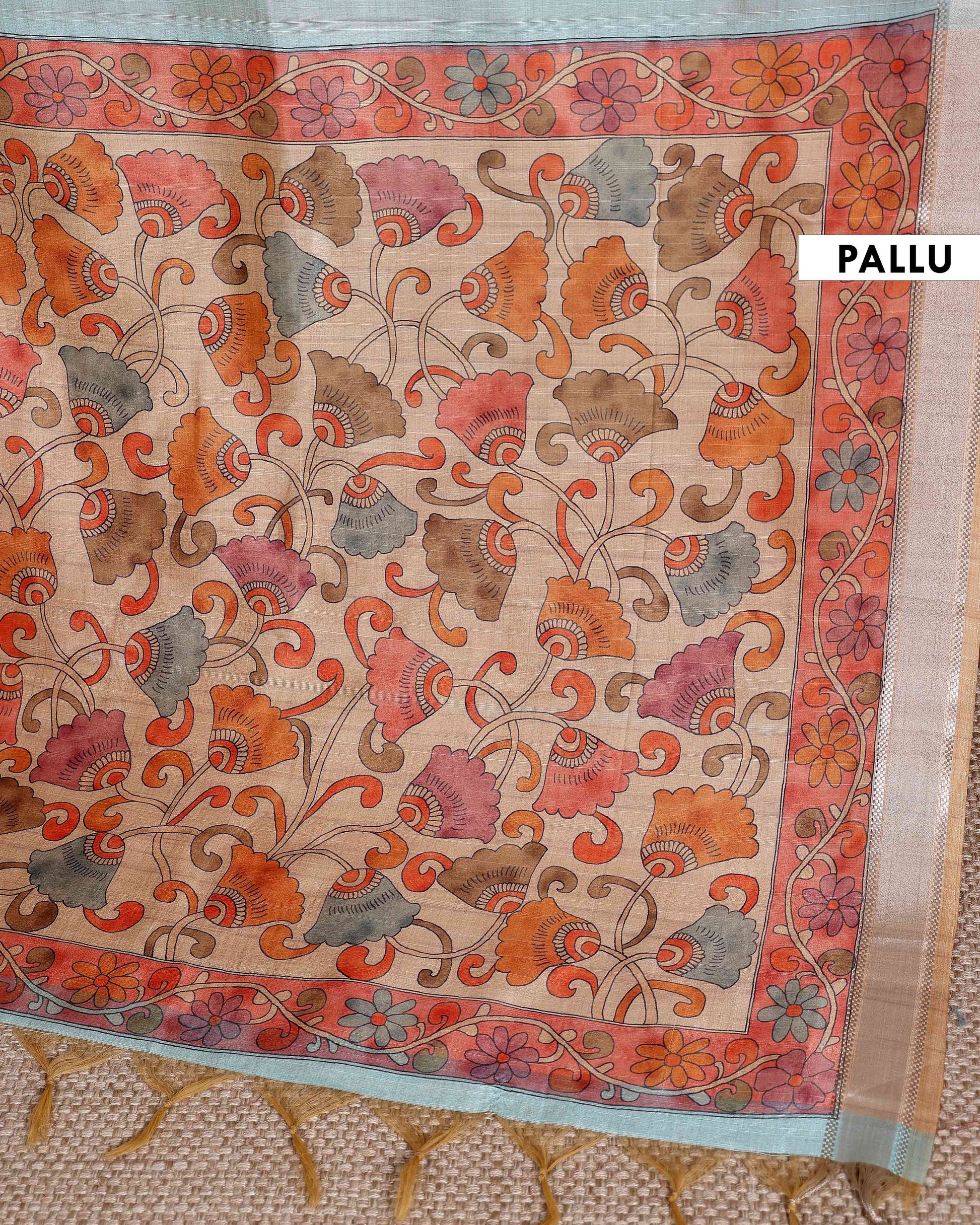 handcrafted-semi-chanderi-saree-with-floral-kalamkari-inspired-pallu-elegant-woven-border-green