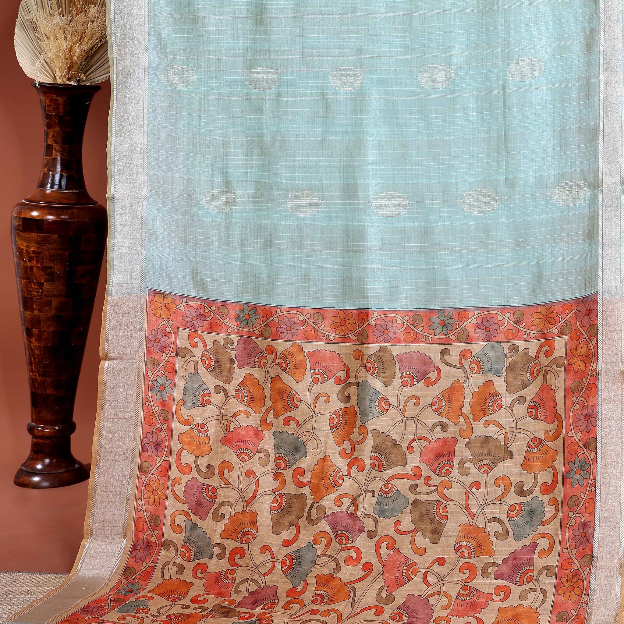 handcrafted-semi-chanderi-saree-with-floral-kalamkari-inspired-pallu-elegant-woven-border-green