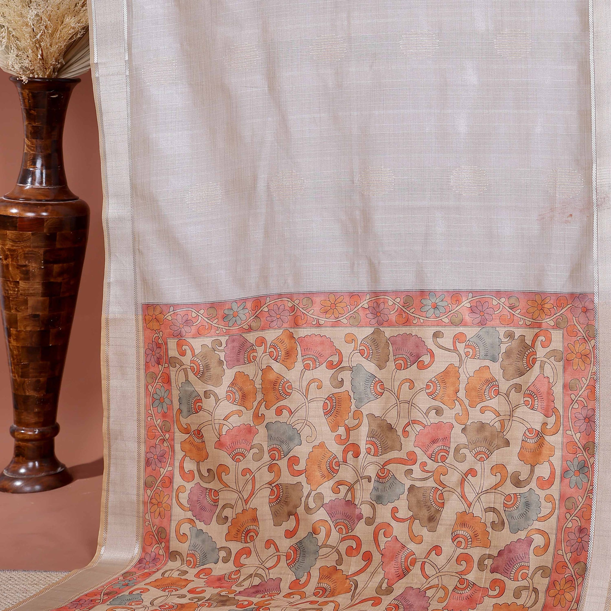 handcrafted-semi-chanderi-saree-with-floral-kalamkari-inspired-pallu-elegant-woven-border-light-brown