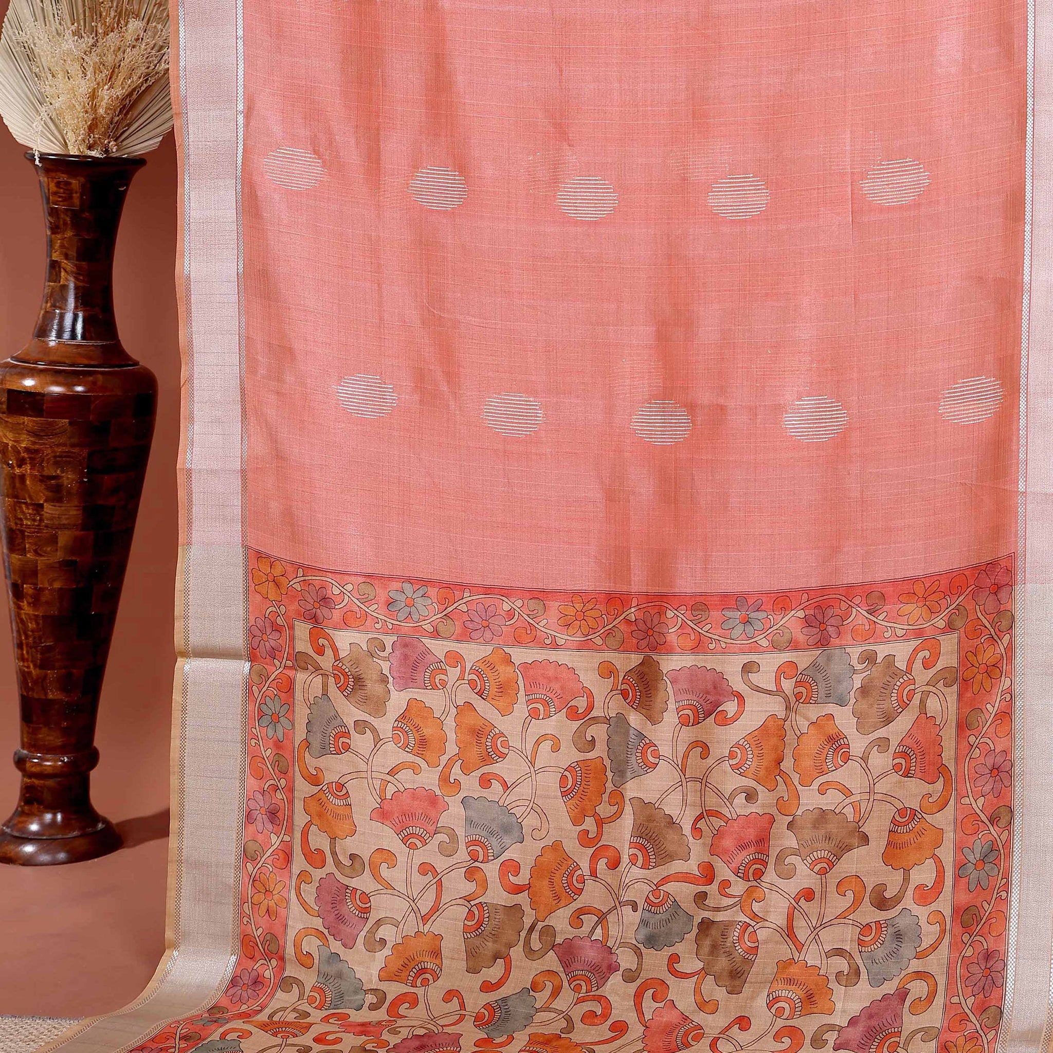 handcrafted-semi-chanderi-saree-with-floral-kalamkari-inspired-pallu-elegant-woven-border-peach