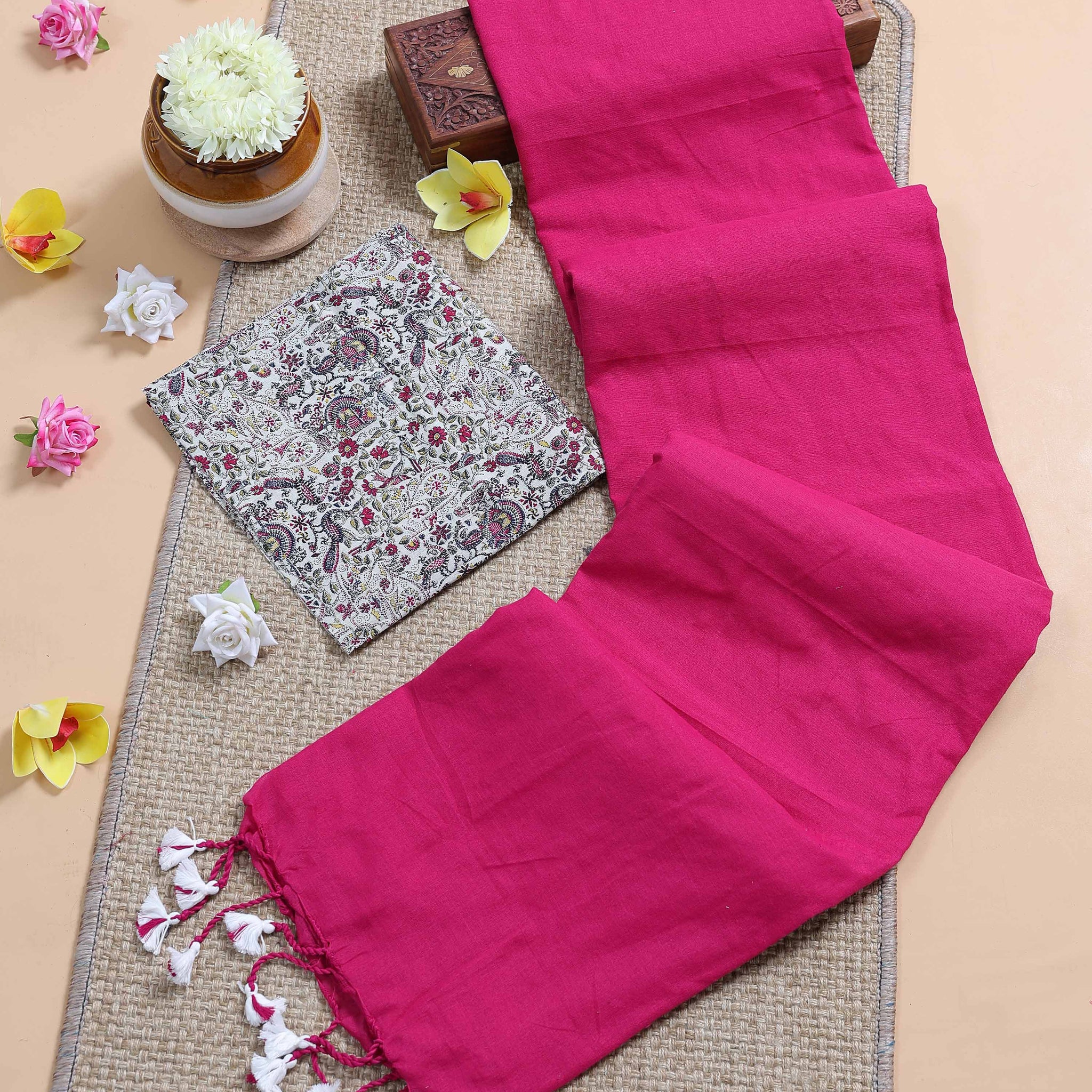 handloom-khadi-cotton-saree-with-contrast-printed-blouse-and-tassel-accents-pink-three