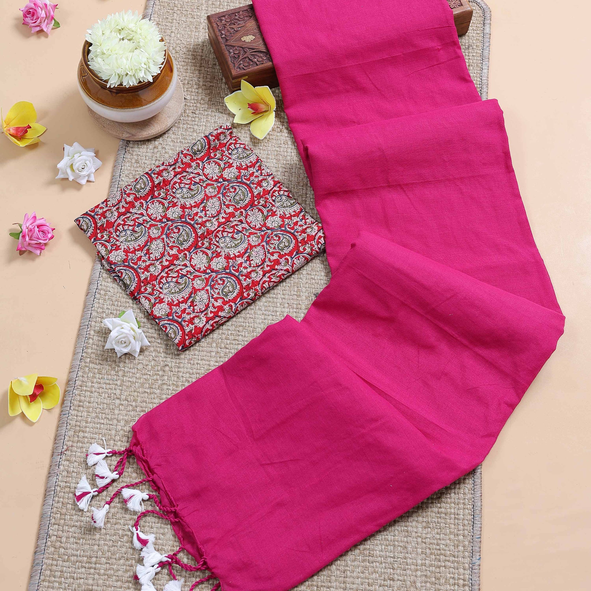 handloom-khadi-cotton-saree-with-contrast-printed-blouse-and-tassel-accents-pink-two