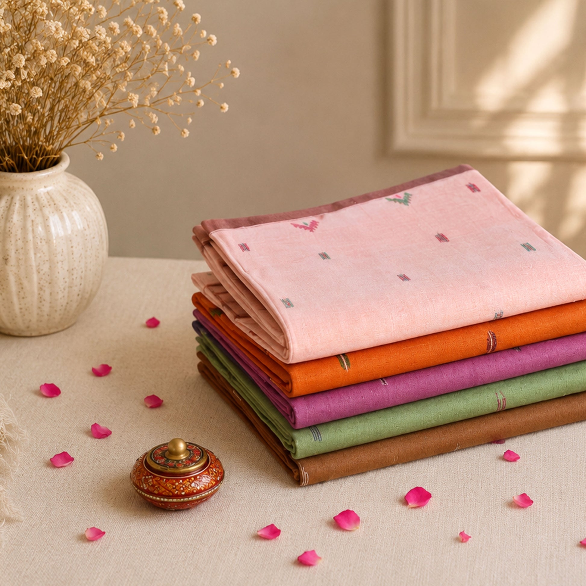 Colorful Bengal Cotton Saree Collection With Traditional Woven Motifs Folded Display Arrangement