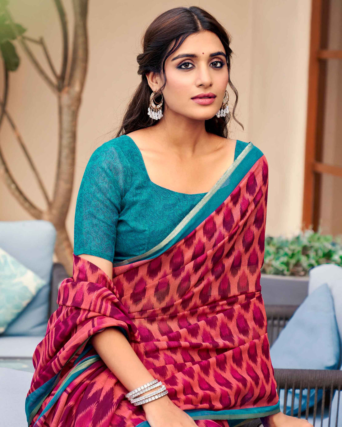 Pink With Teal Color Ikkat Saree - IK26