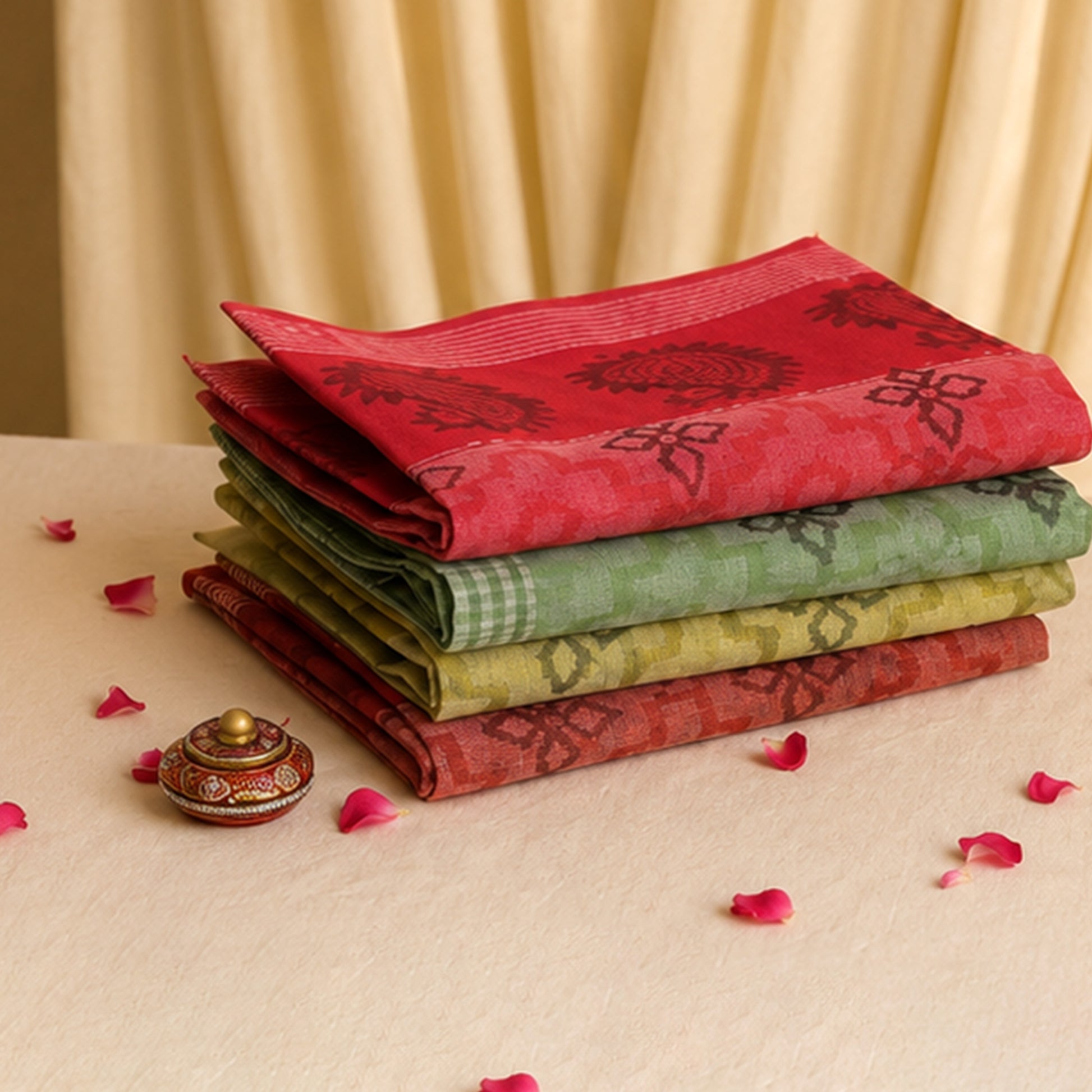 Bengal Cotton Saree Collection With Floral Butta Motifs And Striped Borders In Assorted Colors Folded Stack View