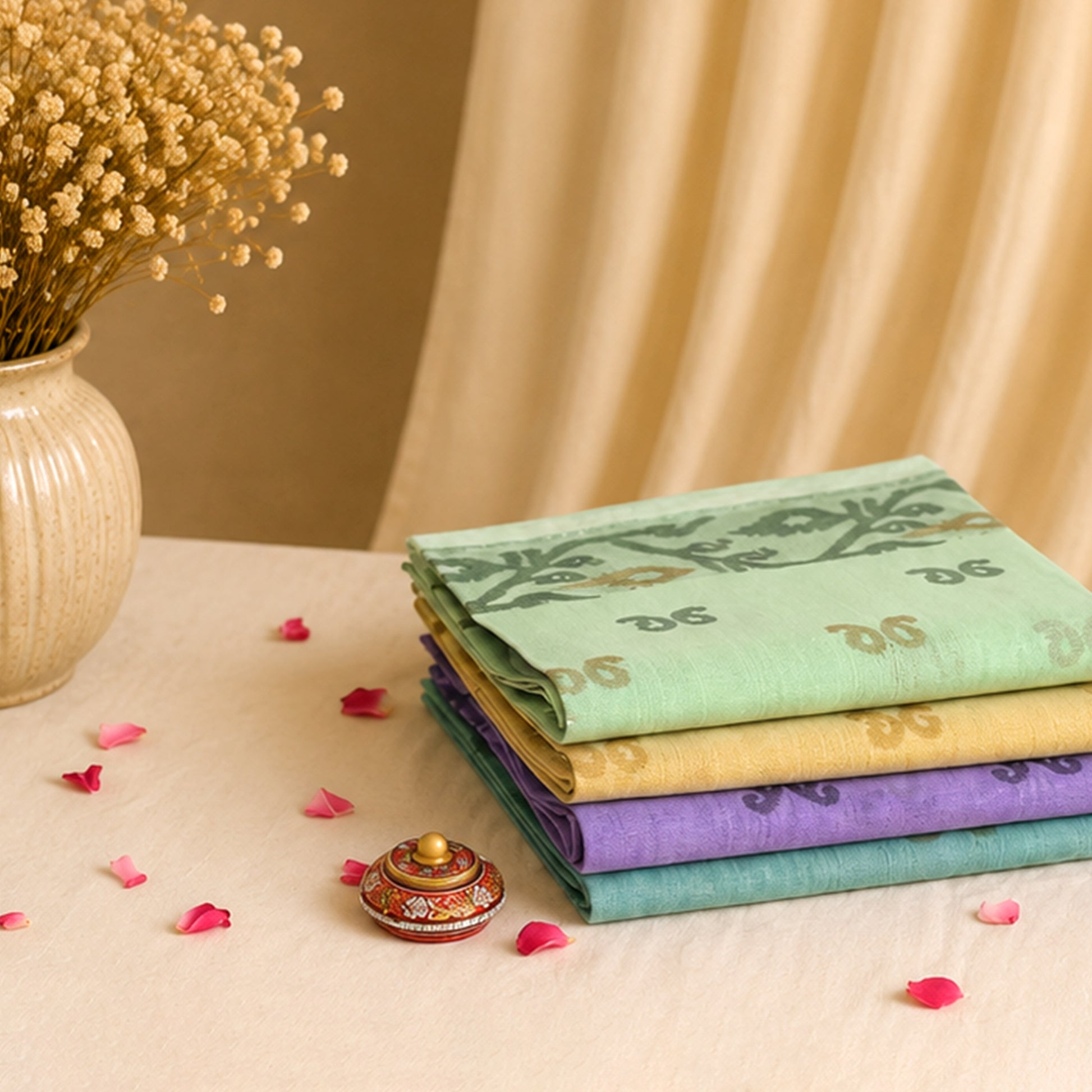 engal Cotton Saree Collection With Woven Floral Motifs In Pastel Green, Yellow, Purple And Blue Folded Display View