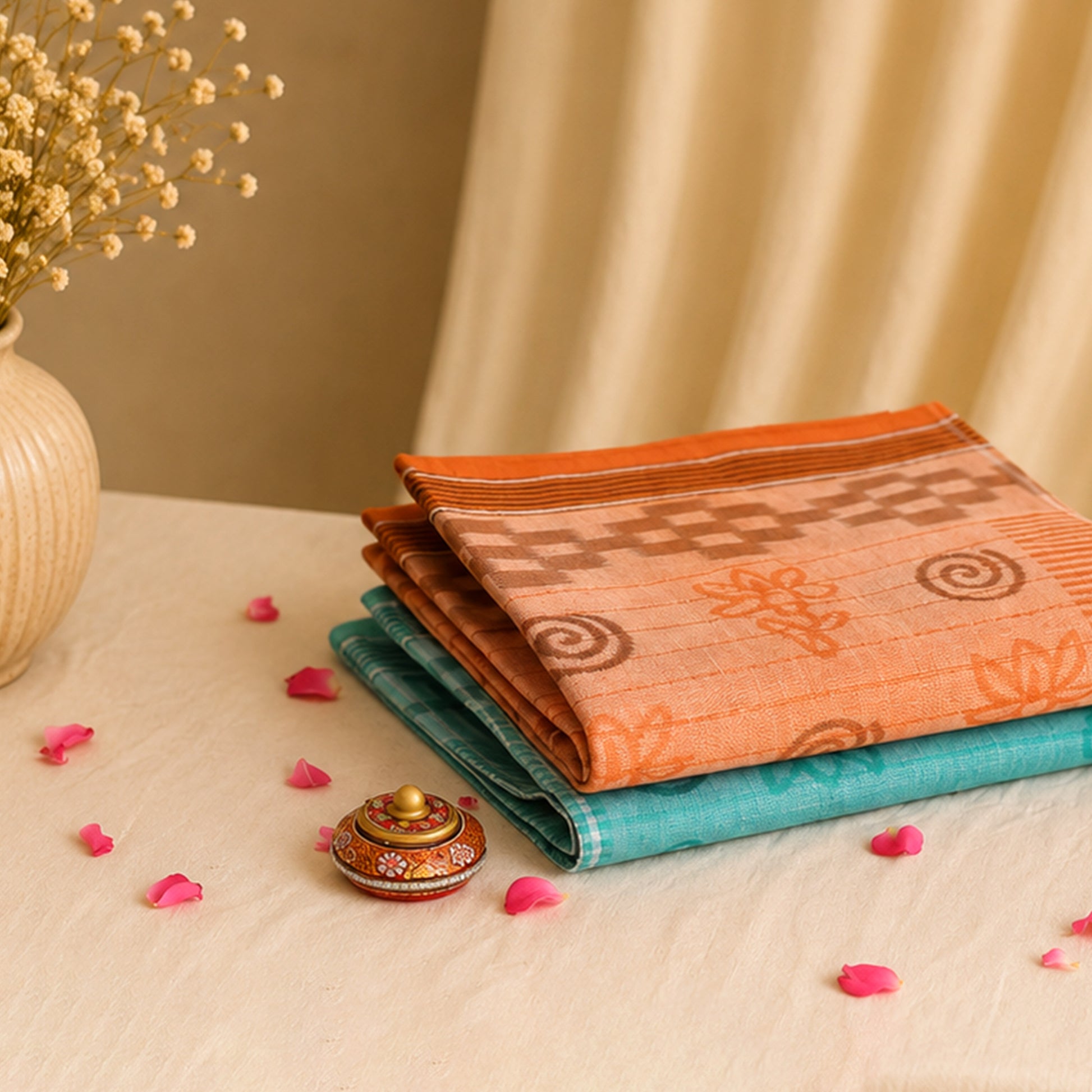 Bengal Cotton Saree With Traditional Woven Motifs In Orange And Blue Folded Stack Close-Up View