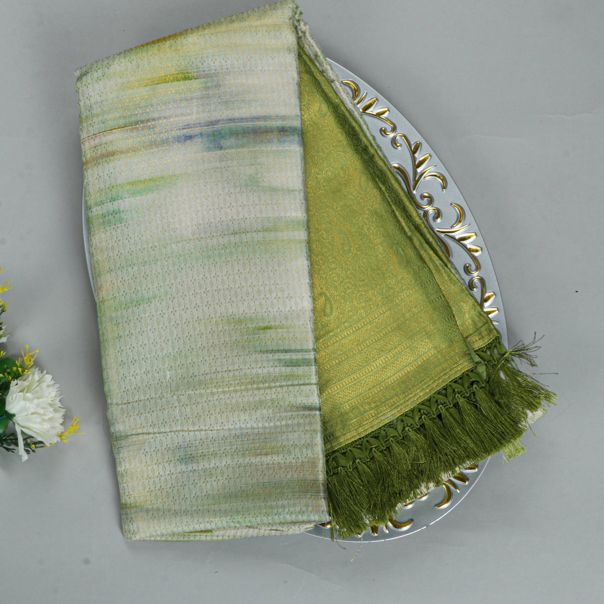 White & Green Colour Soft Silk Saree