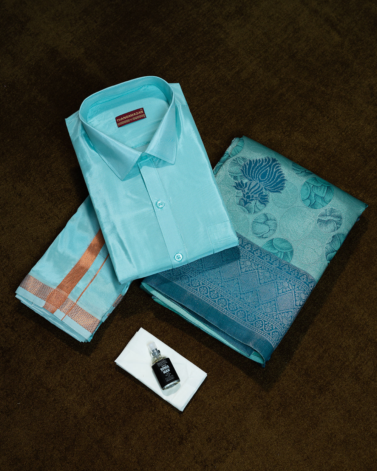 Aqua Blue Colour Shirt Dhoti Set with Saree Couple Combo