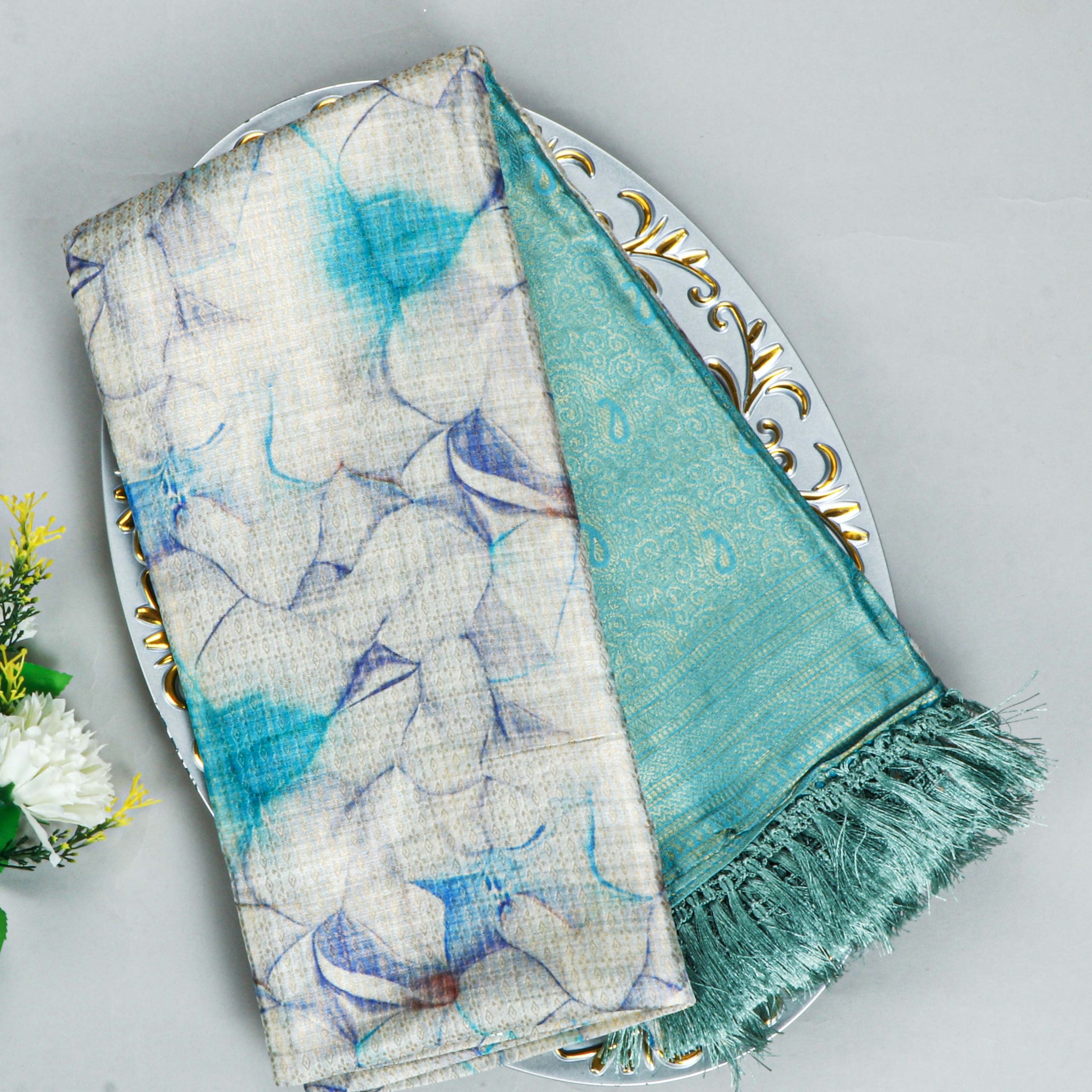 White & Teal Green Colour Floral Design Soft Silk Saree