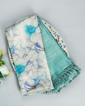 White & Teal Green Colour Floral Design Soft Silk Saree