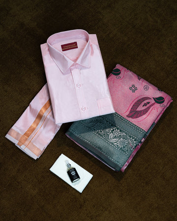 Pink Colour Shirt & Dhoti Set With Saree Couple Combo