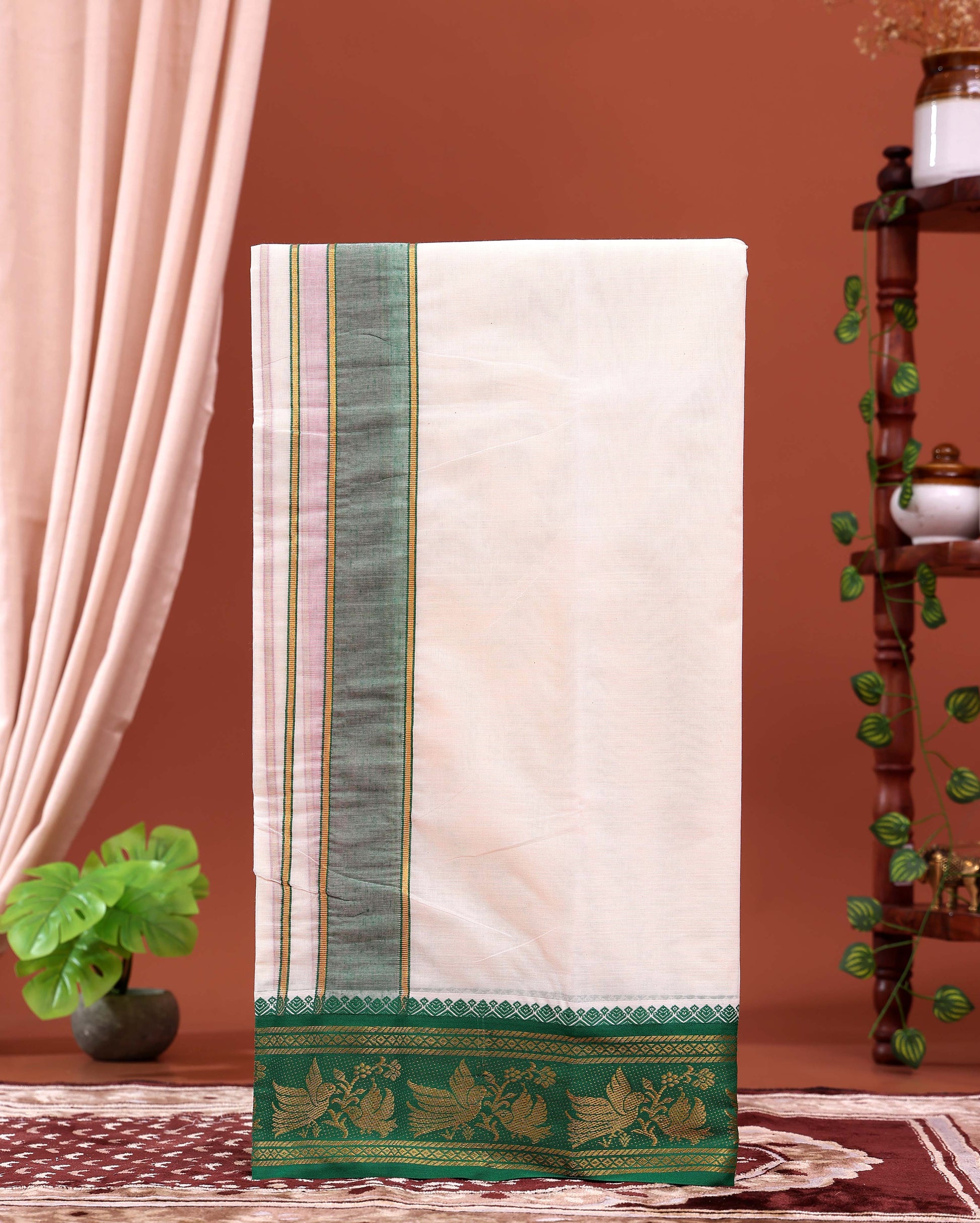 men-s-traditional-handloom-4-meter-cotton-dhoti-with-green-border-off-white-one