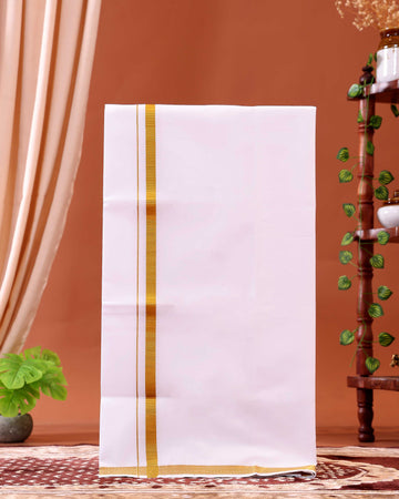 Men’s Traditional Handloom 2 Meter Cotton Dhoti with Gold Border - White