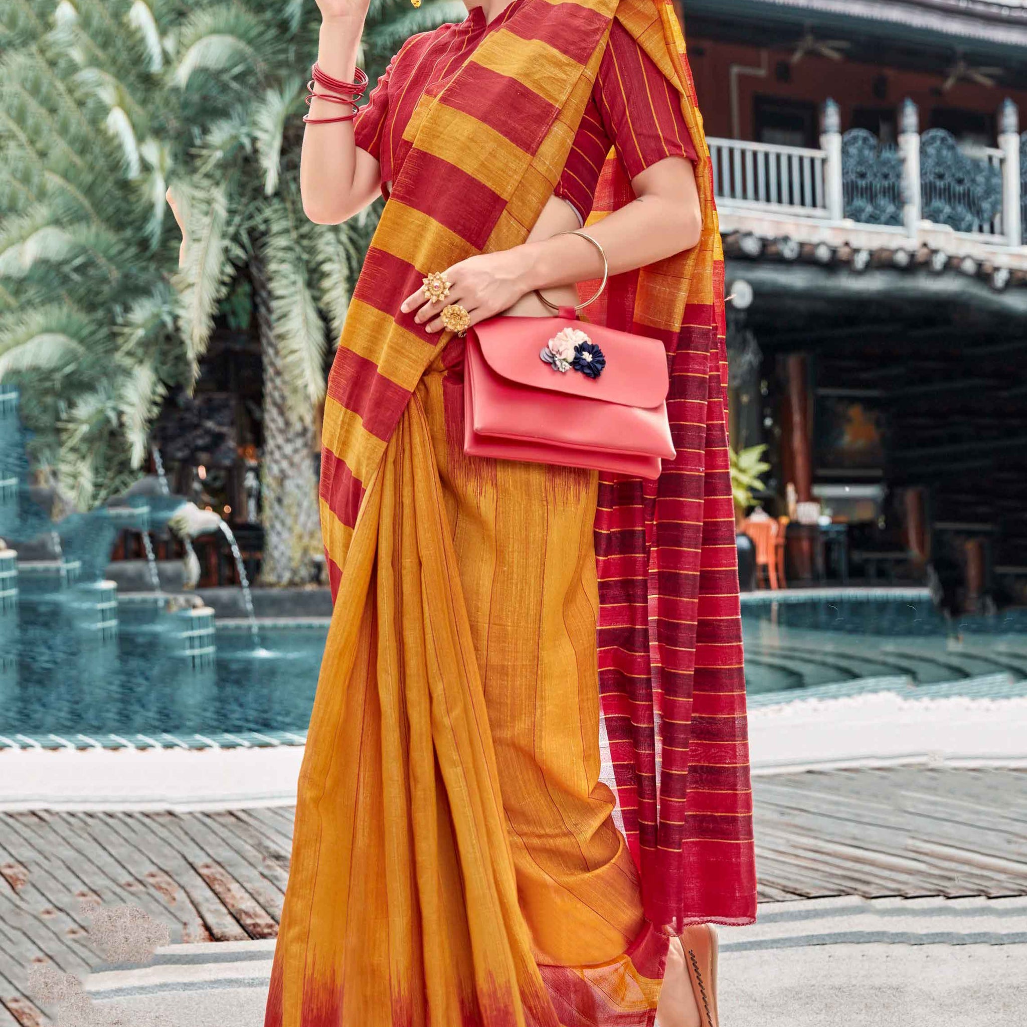Red With Yellow Color Uniform Saree - U03