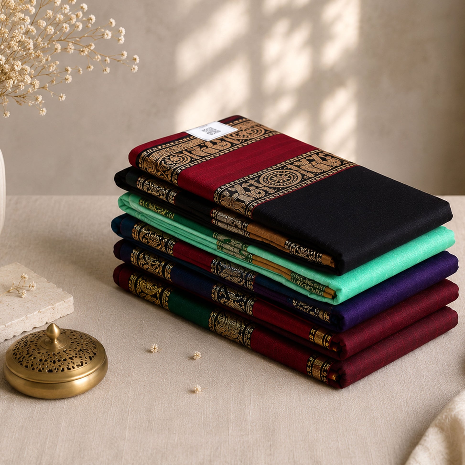 Mangalagiri Cotton Saree Collection With Elephant Motif Borders In Assorted Colors, Folded Stack Display View