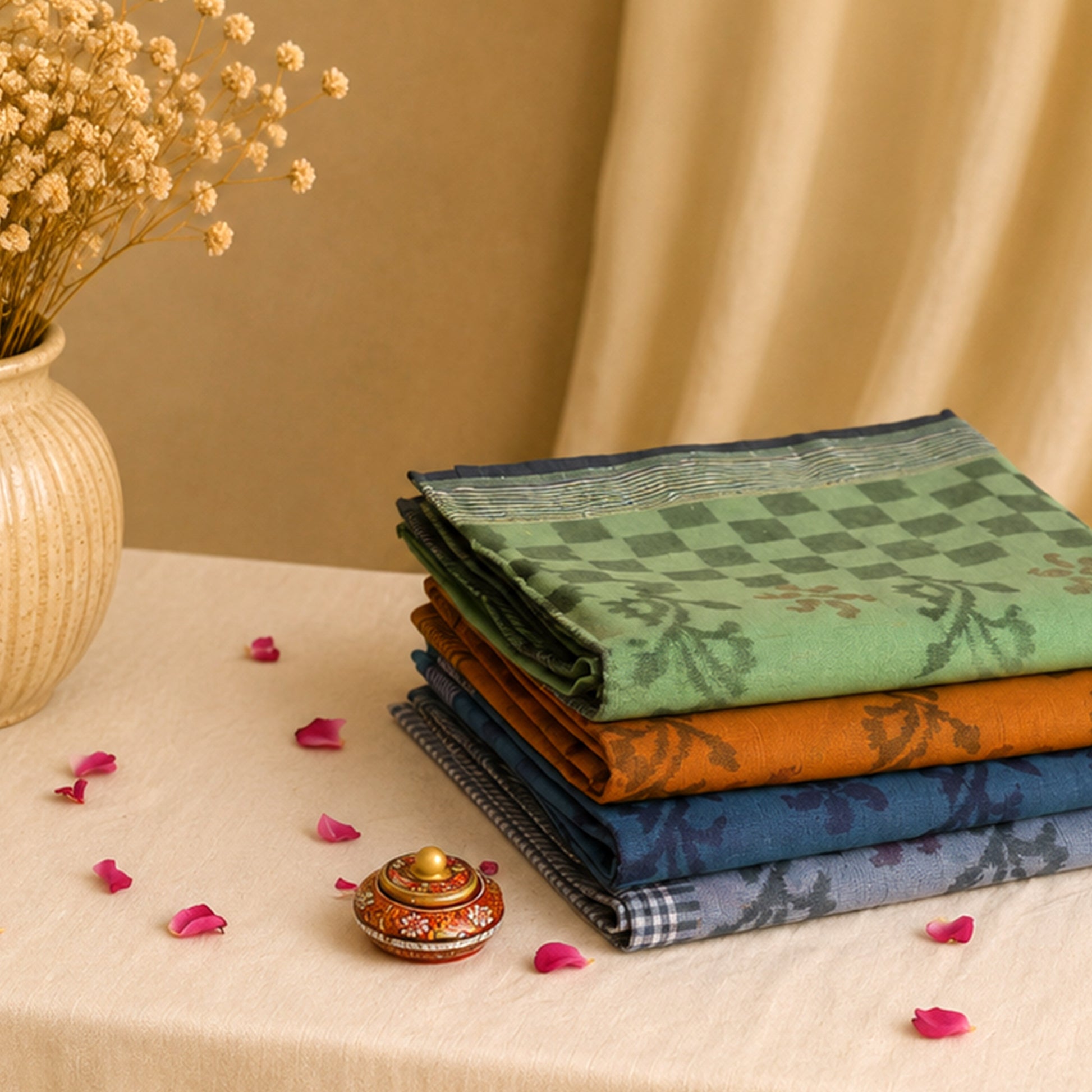 Bengal Cotton Saree Collection With Floral Motifs, Checked Pattern And Striped Borders In Assorted Colors Folded Stack View