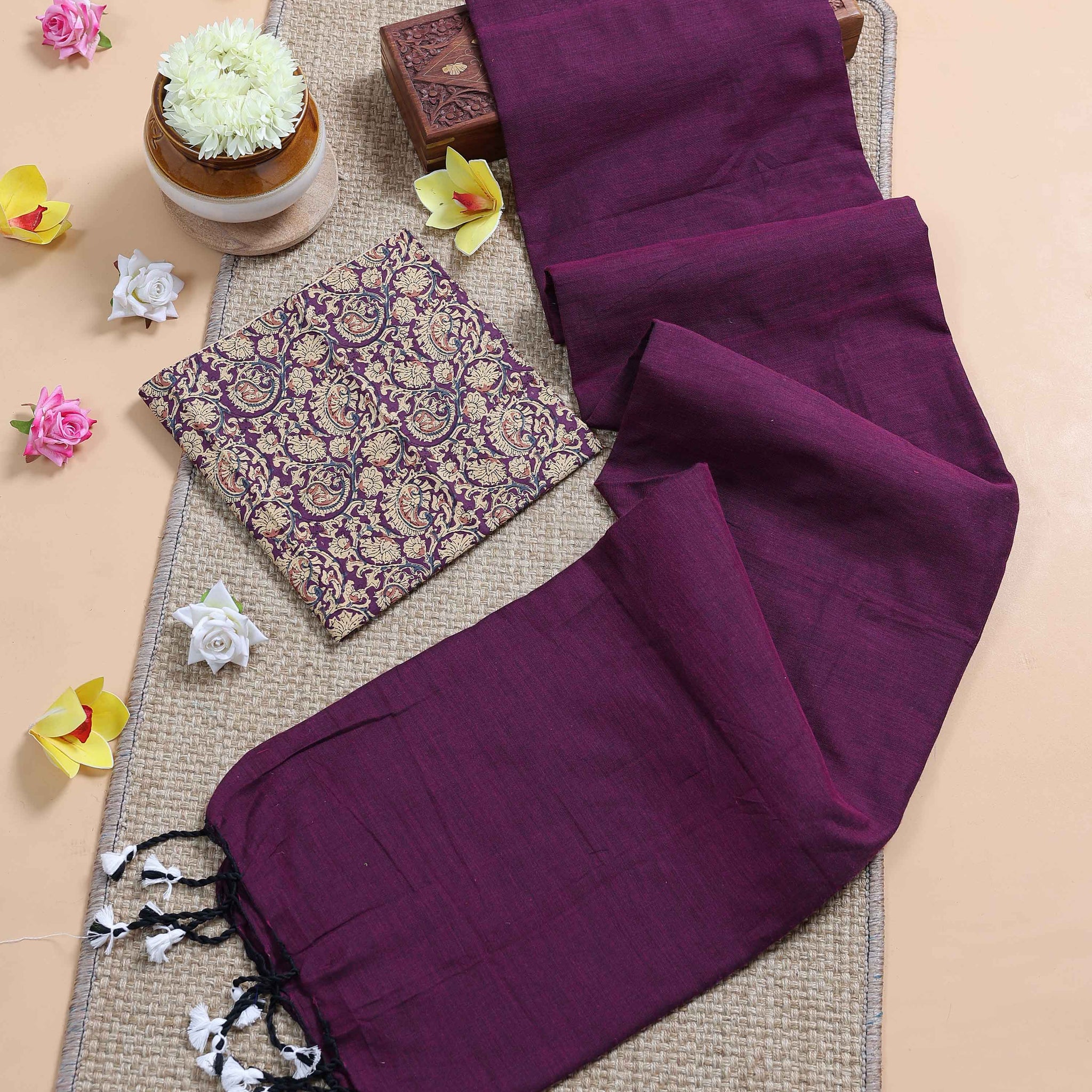 traditional-khadi-cotton-saree-with-contrast-printed-blouse-and-tassel-accents-purple-nine