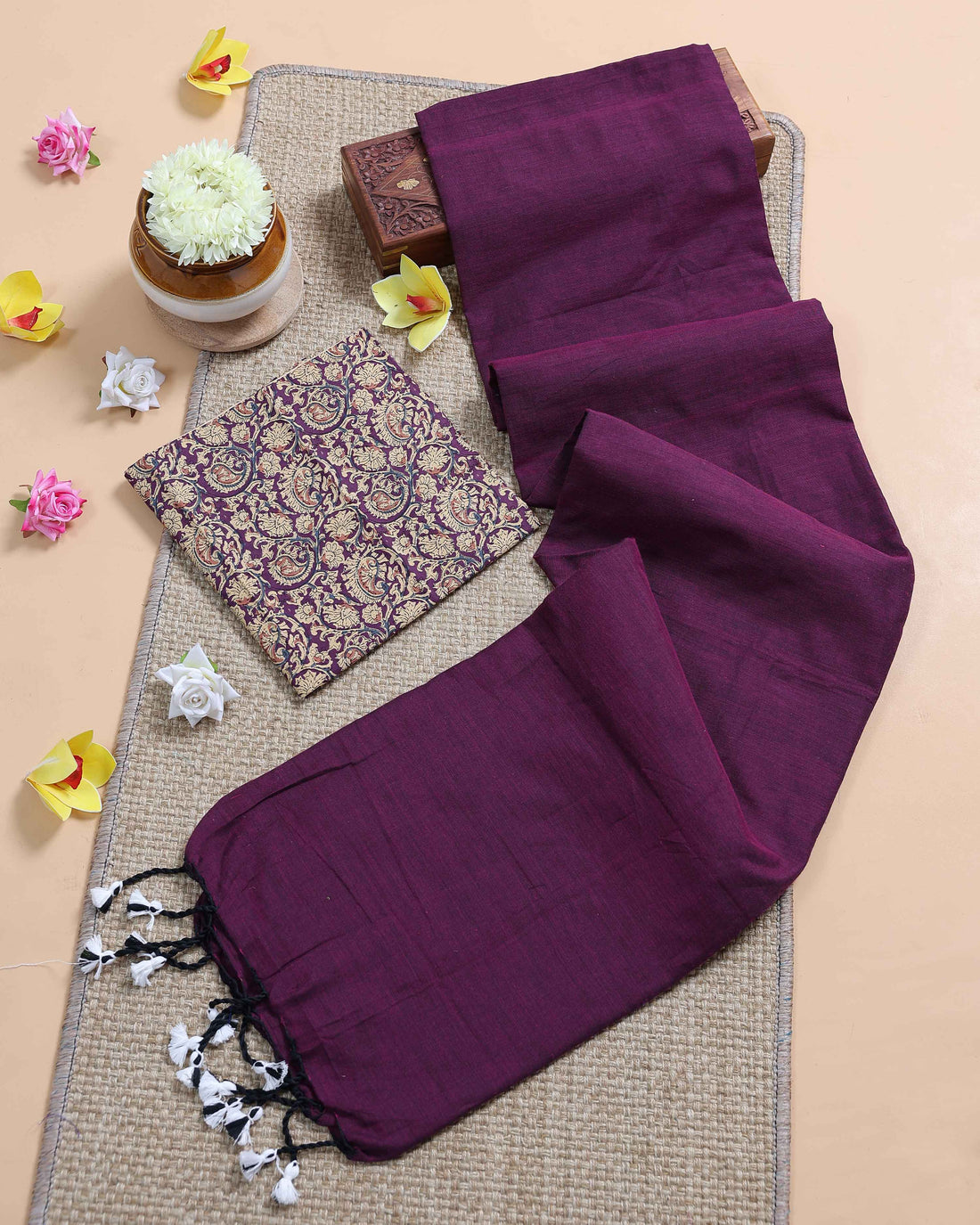 traditional-khadi-cotton-saree-with-contrast-printed-blouse-and-tassel-accents-purple-nine