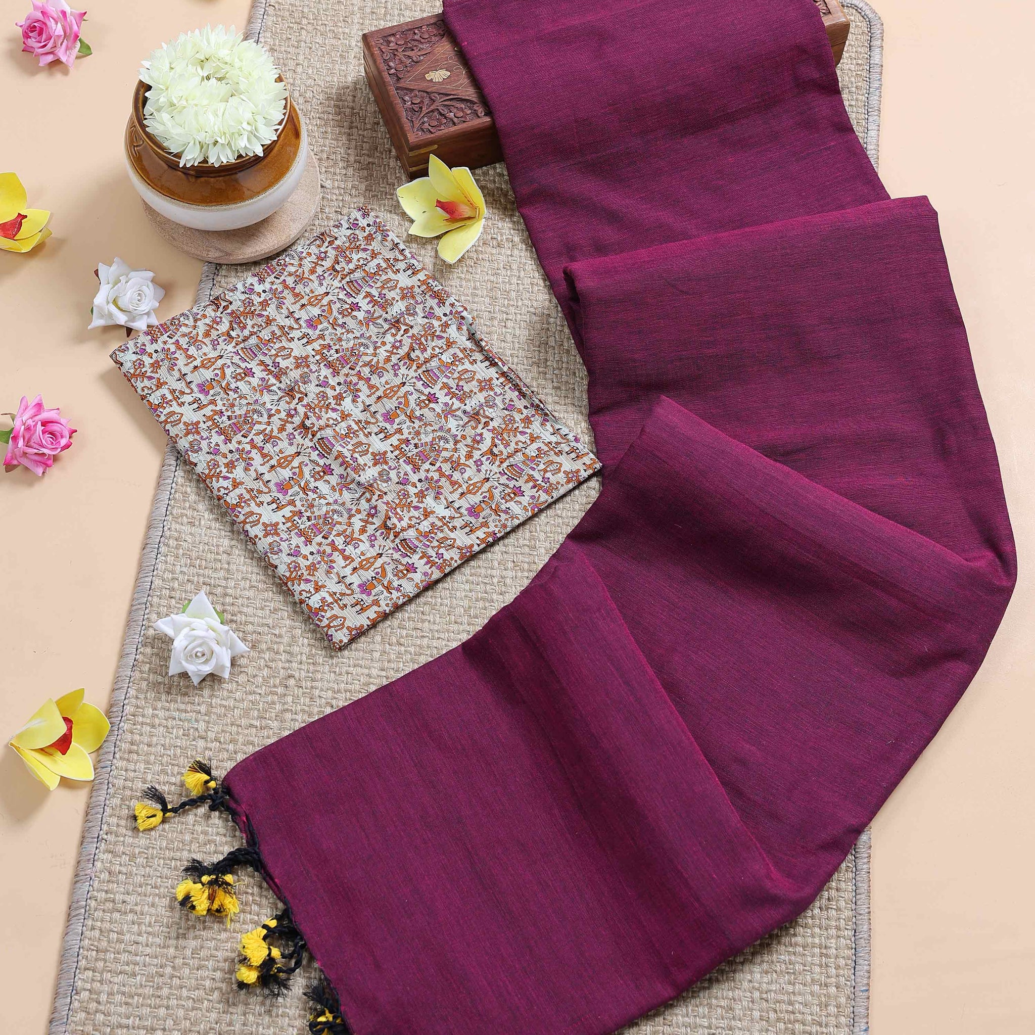 traditional-khadi-cotton-saree-with-contrast-printed-blouse-and-tassel-accents-purple-seven
