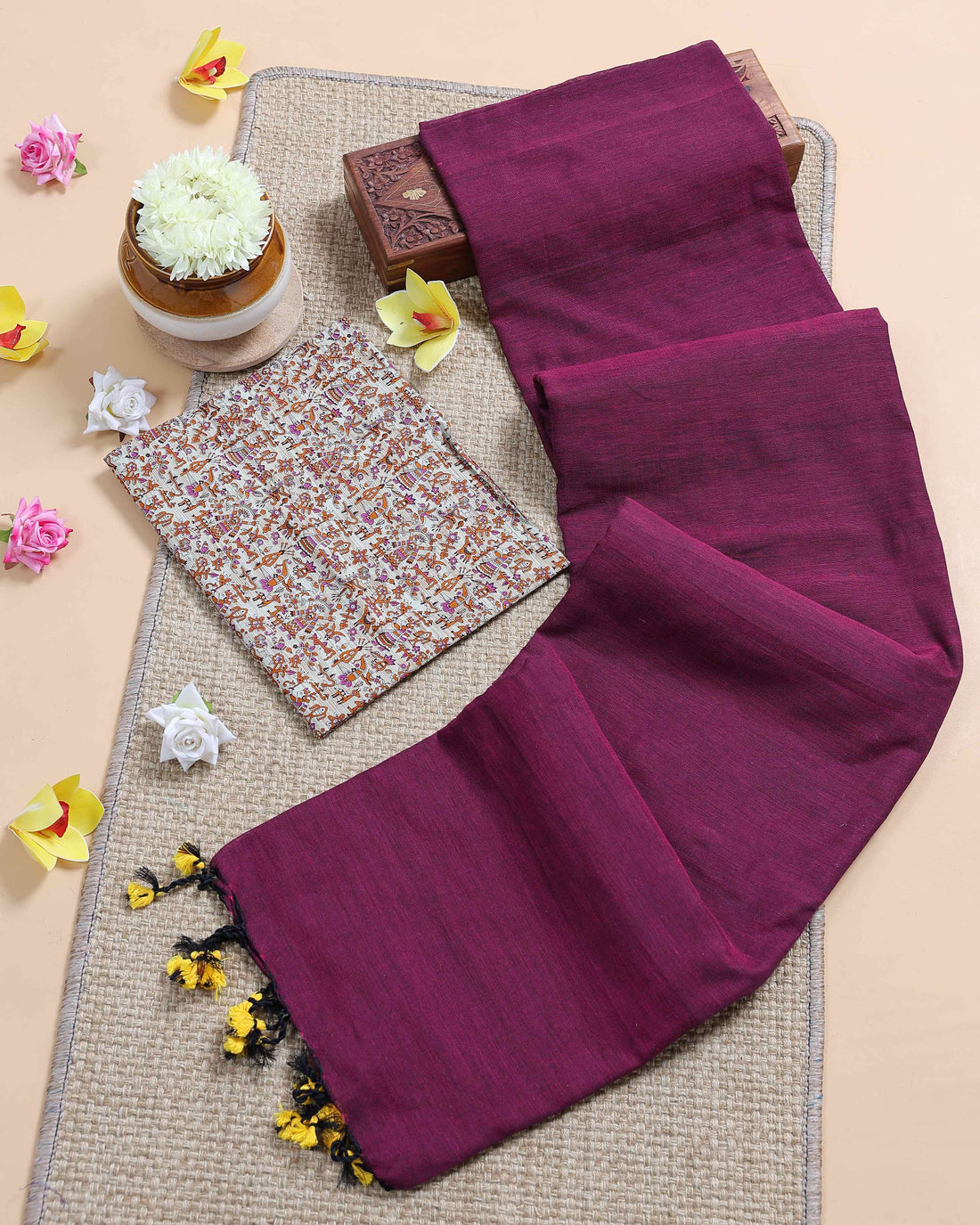 traditional-khadi-cotton-saree-with-contrast-printed-blouse-and-tassel-accents-purple-seven