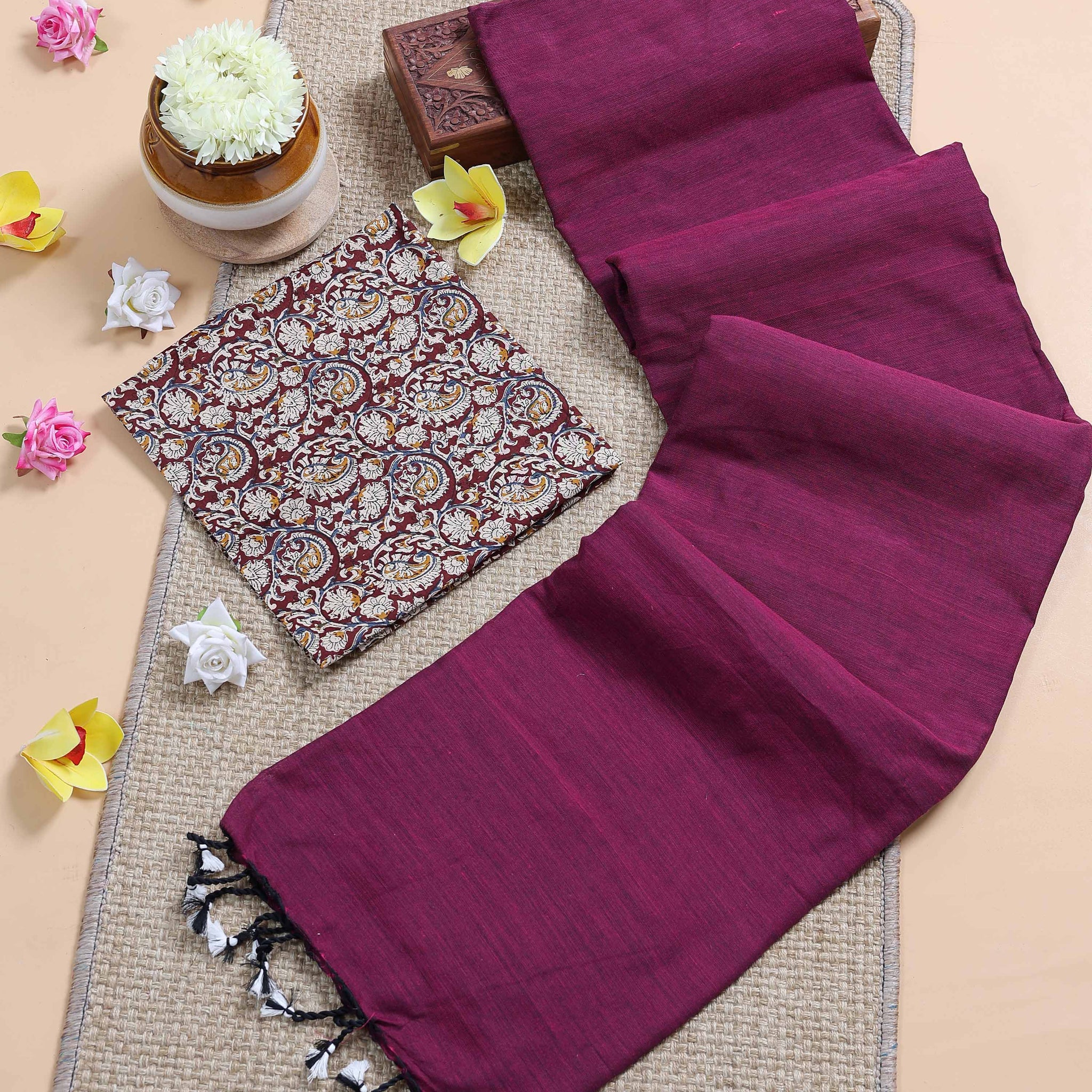 traditional-khadi-cotton-saree-with-contrast-printed-blouse-and-tassel-accents-purple-three