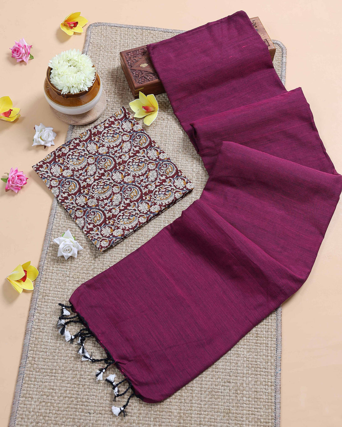 traditional-khadi-cotton-saree-with-contrast-printed-blouse-and-tassel-accents-purple-three